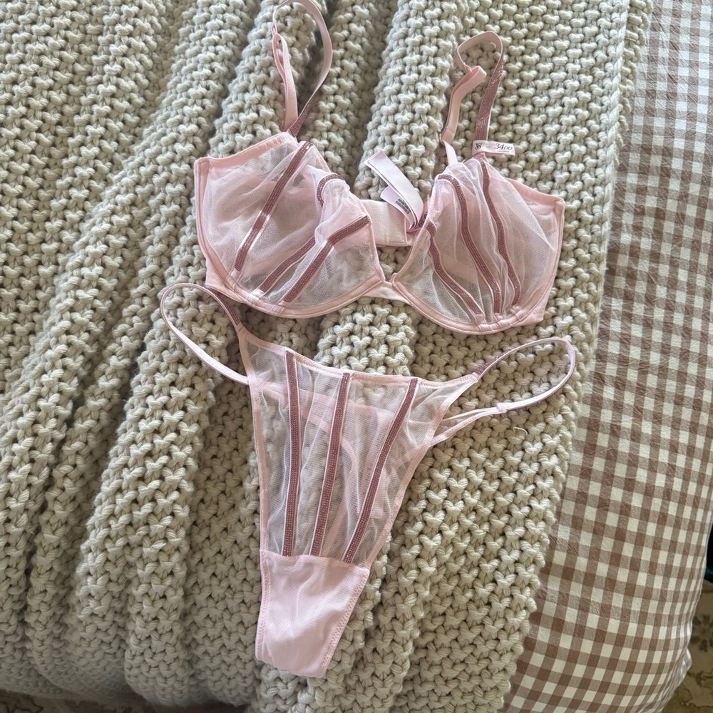 Victoria's Secret Light Pink Sheer Sparkle Mesh Bra & Thong Set